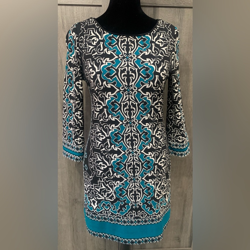 White House Black Market Teal & White Geometric Design Aline Dress Women's XXS